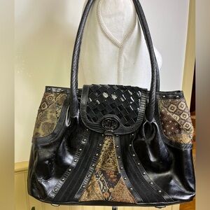 VTG Sharif Leather Patchwork Shoulder Bag Avant Garde Tapestry Purse Satchel